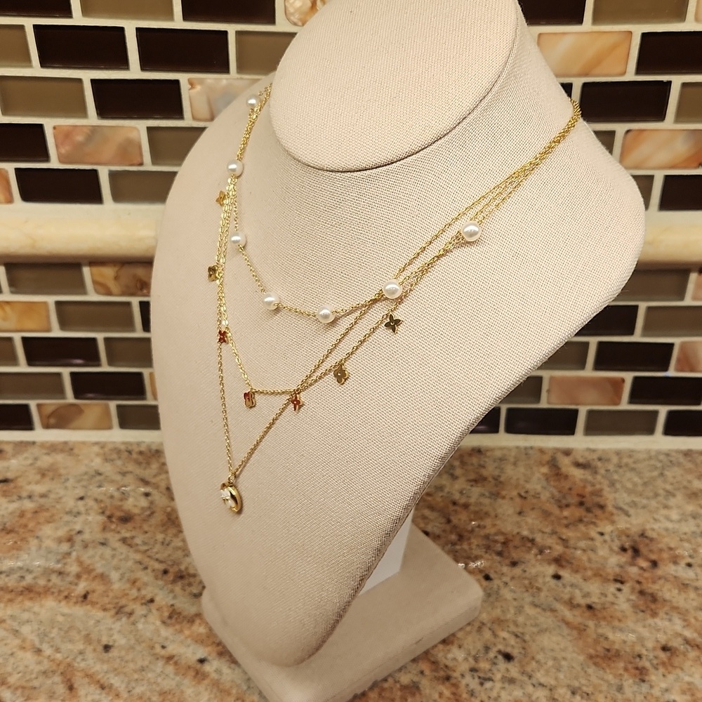 18K Gold Plated Layered Clover & Faux Pearl Station Necklace - Picture 6 of 10